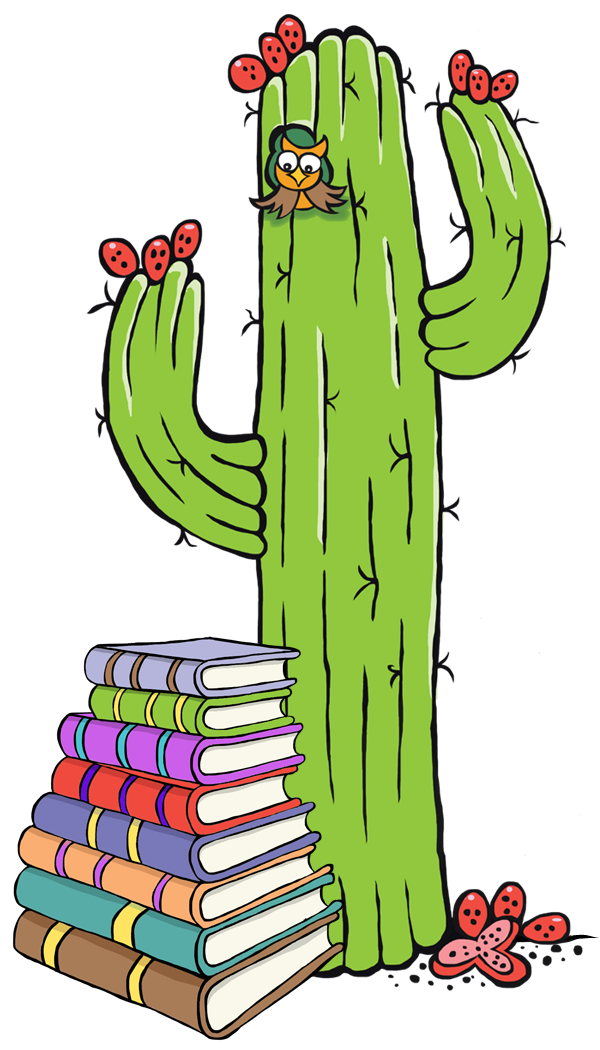Saguaro Cactus with Owl and Books.